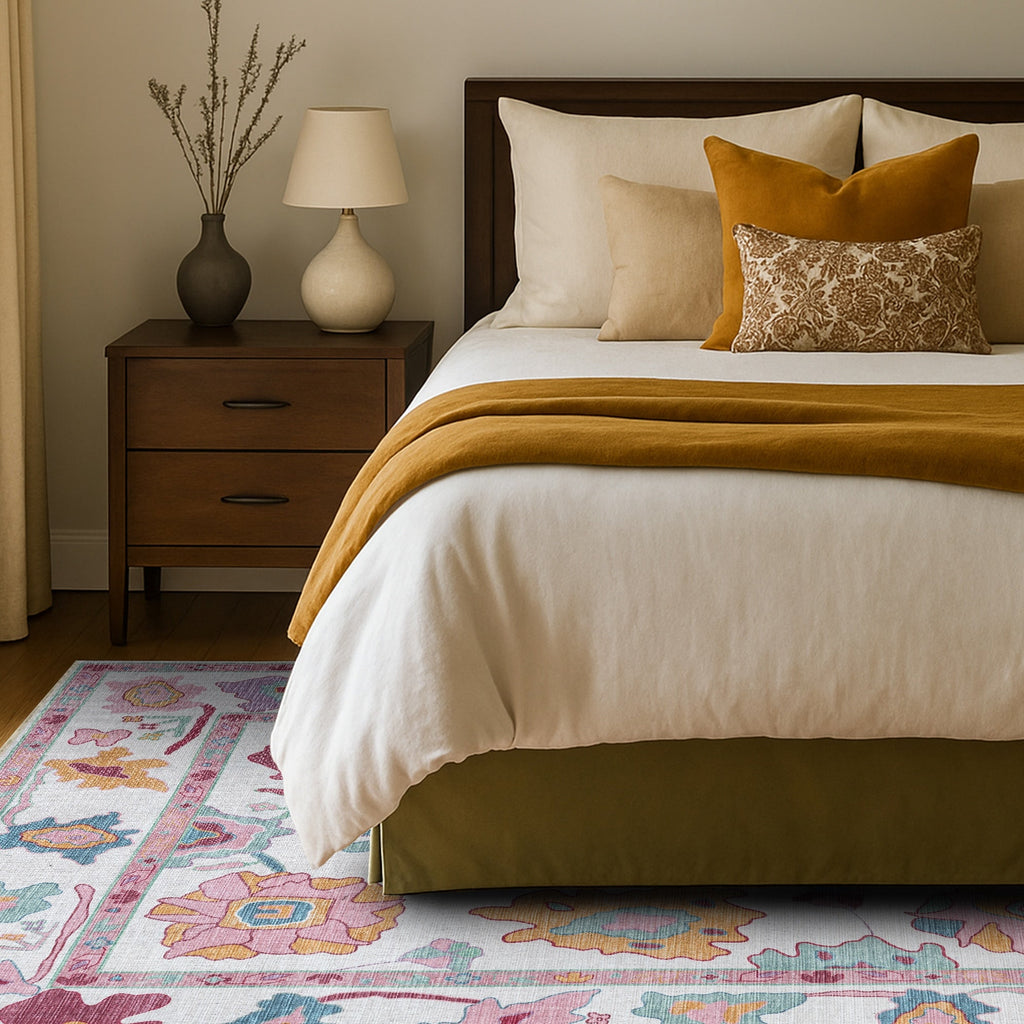 Florine Pastel Pink Orange Floral Oushak Rug