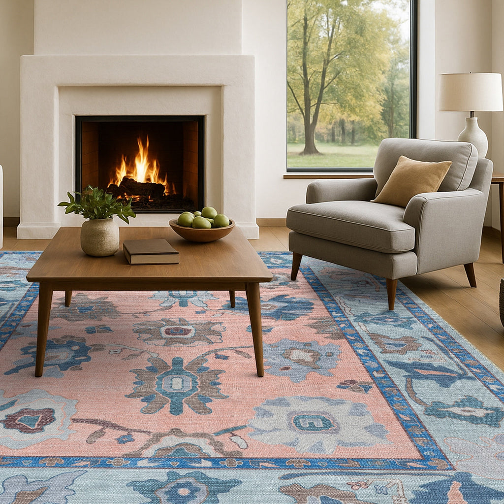 Menna Salmon Orange Blue Modern Oushak Rug