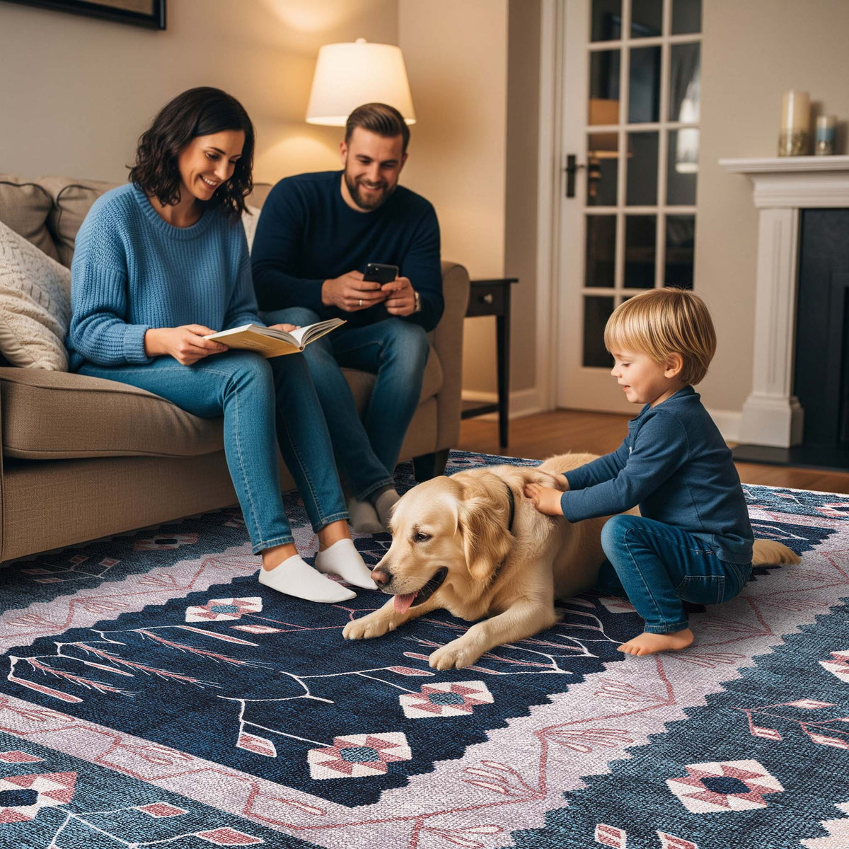 Marceline Navy Blue Floral Turkish Kilim Rug