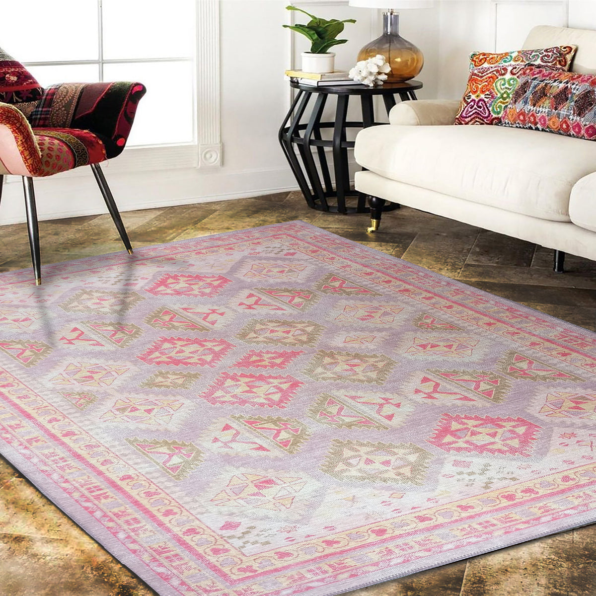 Lilac Purple Pink Herki Vintage Rug